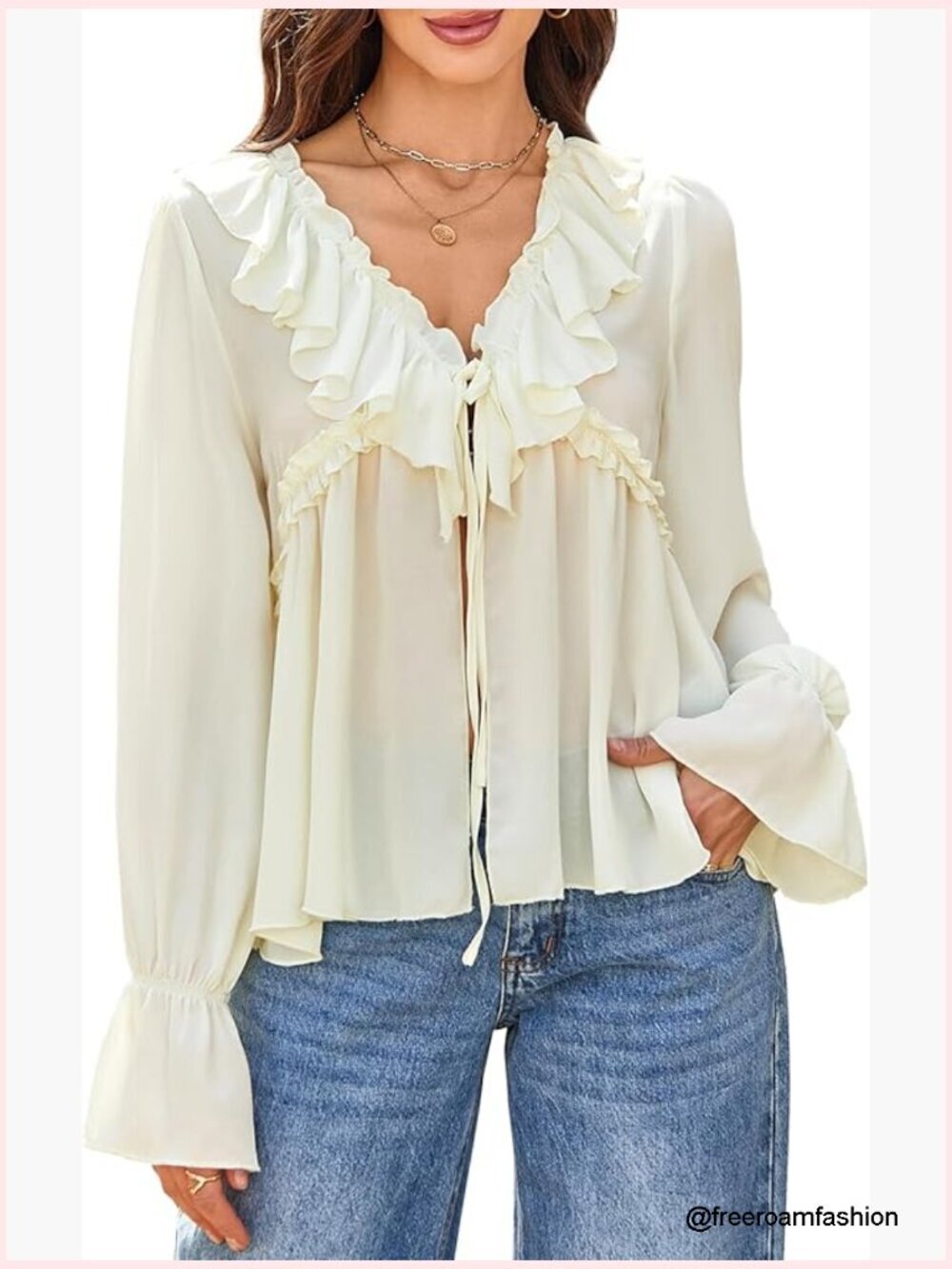 Sheer Chiffon Boho Blouse Long Sleeve Tie Front Peplum Top